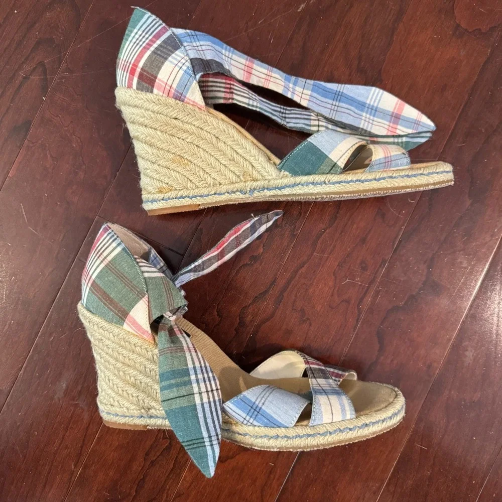 Tommy Hilfiger Plaid Espadrille Wedge Sandals Fabric Ankle Tie 3.5